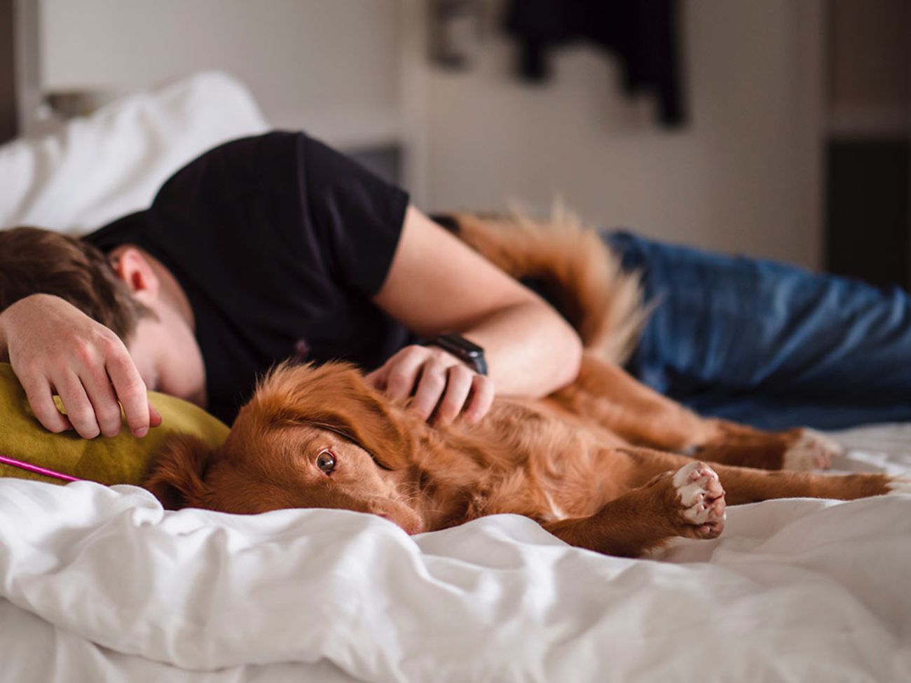 man op bed met hond